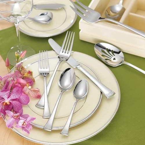 Lenox Silverware Set For 12, Portola 65-Piece Flatware Set with Serving Utensils, Service For 12, 18/10 Stainless Steel Flatware, Dishwasher Safe, Knives Spoons and Forks (Silver, 65 pieces) thumbnail 2