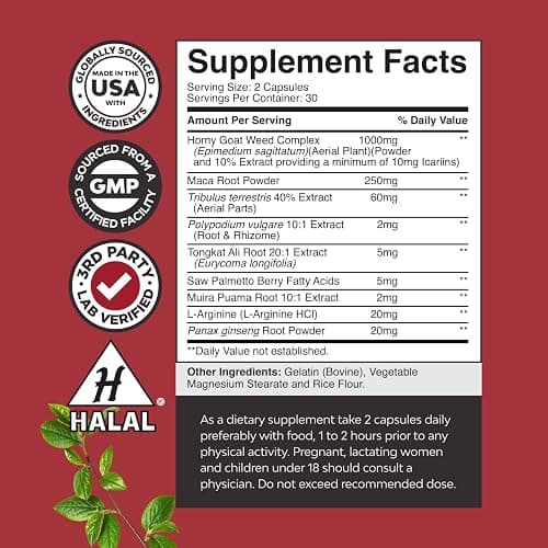 Horny Goat Weed for Men - Extra Strength Male Supplement with Black Maca Root, Tongkat Ali, Saw Palmetto & Panax Ginseng Extract for Stamina & Energy - 60 Capsules thumbnail 3