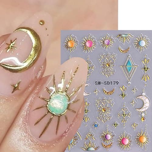 Sun Moon Nail Art Stickers 5D Embossed Totem Bohemian Style Nail Decals 2PCS Metallic Gold Lace Lines Green Gem Luxury Design Nails Adhesive Stickers Supply for Women DIY Manicure Decorations thumbnail 4