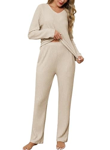 Lovasy Womens Pyjamas Set Ladies Ribbed Pjs 2 Piece Pajamas Long Sleeve Top and Wide Leg Trousers Loungewear Sets - Image 1