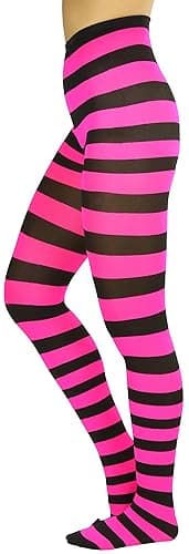 ToBeInStyle Women’s Wide Horizontal Contrast Stripe Tights Opaque Hosiery - One Size - Black and Hot Pink thumbnail 6