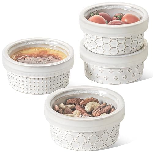 LE TAUCI Ramekins Oven Safe with Lids, 4 oz Charcuterie Boards Bowls Set for Creme brulee, Souffle, Dipping Sauces, Ceramic Food Storage Containers - 3.8 inch, Set of 4, Arctic White - Image 1