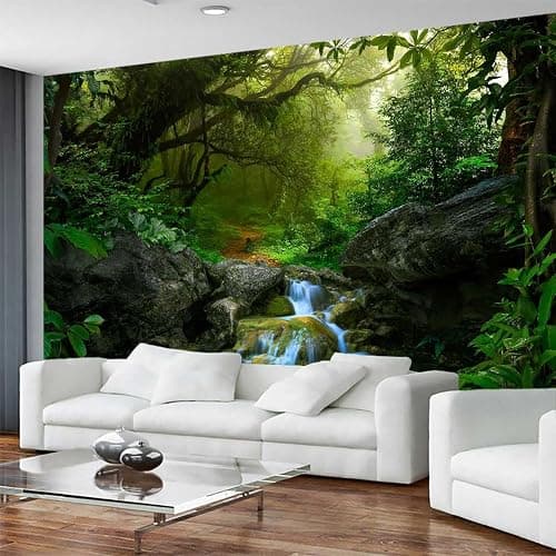 Wmjurel Primitive Forest Waterfall Wallpaper, Modern Large Background Wall Mural for Living Room and Plant Room(Non-self-Adhesive) thumbnail 5