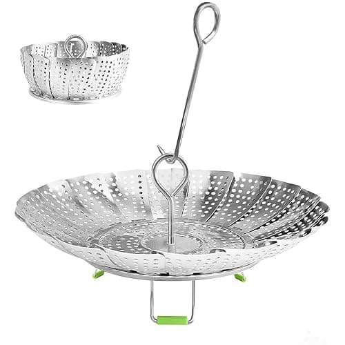 Steamer Basket Stainless Steel Vegetable Basket Metal Handle Folding Silicone Feet Steamer Insert for Cooking Veggies Fish Seafood Include Safety Tool,Fit Various Pot Pressure Cooker (5.3" to 9") - Image 1