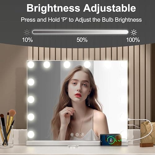 Hollywood Vanity Mirror with Lights,14 Dimmable Bulbs,3 Color Lights,10X Magnification,Makeup Mirror with Lights,Touch Control, Aluminum Metal Frame 50x42cm(20x16.5in) thumbnail 5