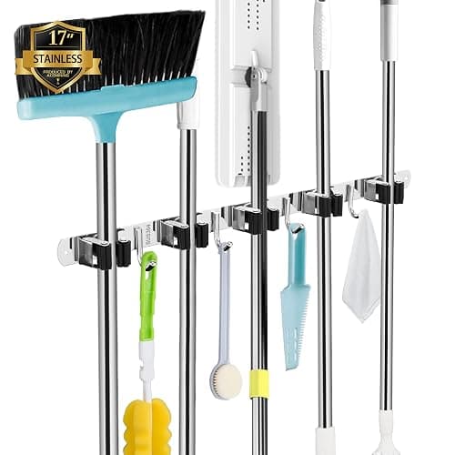 AceMining Broom Holder Wall Mount, 5 Racks 4 Hooks Heavy Duty Mop Organizer | Mop Holder Wall Mount and Broom Hanger for Garage, Laundry Room, Kitchen and Utility Storage - Image 1