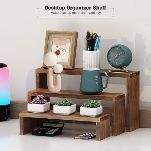 Tovacu Plant Stand Shelf for Desk Window Sill Countertop Succulent Stand Desktop Shelf 3 Tiers Small Wooden Tabletop Ladder Plant Shelves for Cupcake Stand Riser Spice Rack Holder thumbnail 6