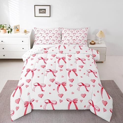 meiyoeat Cute Red Bow Comforter Set Twin Size Kids Bowknot Heart Bedding Set Gift for Girls Women Duvet Insert Breathable Quilt Bedroom Decor,1 Comforter with 1 Pillowcase thumbnail 3