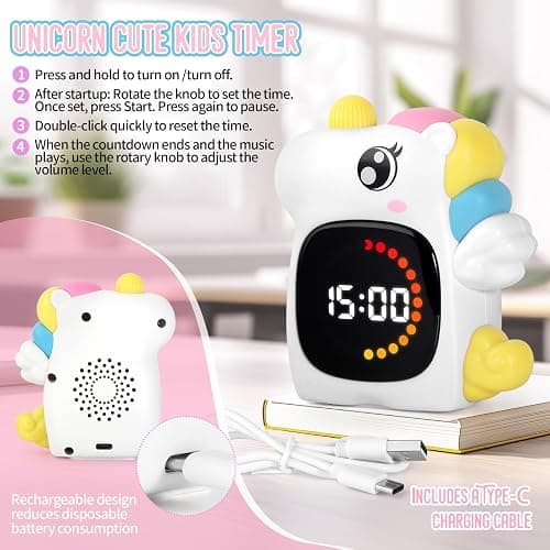 Unicorn Visual Timer for Kids, Rechargeable 99:59 Digital Countdown Timer, Visual Time Progress Display, Adjustable Volume, Classroom Homeschool Study Timer thumbnail 5