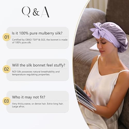 ZIMASILK 100% Mulberry Silk Bonnet for Sleeping Women Long Hair Double Layer Silk Hair Wrap with Tie Band Stay On Head (1Pc, Purple) thumbnail 7