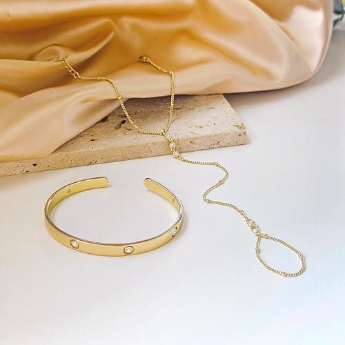 My Queen Gold Bracelets for Women 14K Gold Plated Dainty Stackable Hand Chain Bracelet Trendy Ring Chain Bangle Cuff Bracelets Adjustable Body Jewelry Set Gifts thumbnail 6