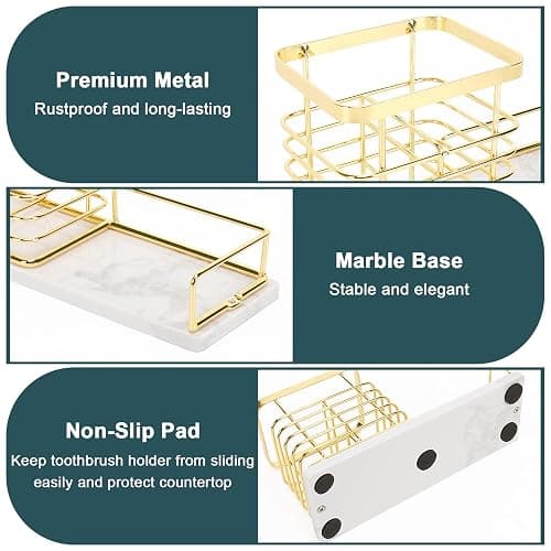 HarJue Toothbrush Holder, Luxurious Metal Toothbrush Toothpaste Holder with Marble Base for Bathroom, Multi-Slots Openwork Design, Bathroom Accessory for Storage and Organizer (Large, Gold) thumbnail 5
