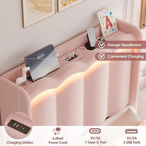 HIFIT Pink Velvet Twin Bed Frame with LED&Charging Station&Storage Drawer | Twin Size Princess Bed for Girls, Camas Twin with Double Wavy Shaped Wingback Headboard, Solid Frame, No Box Spring Needed thumbnail 5