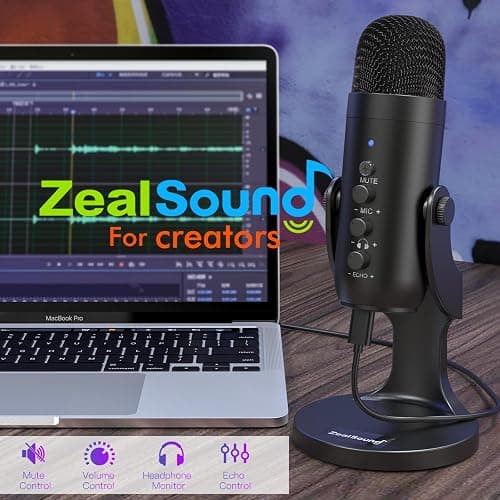 ZealSound USB Microphone,Condenser Computer PC Mic,Plug&Play Gaming Microphones for PS 4&5.Headphone Output&Volume Control,Mic Gain Control,Mute Button Vocal,YouTube Podcast on Mac&Windows(Black) thumbnail 8