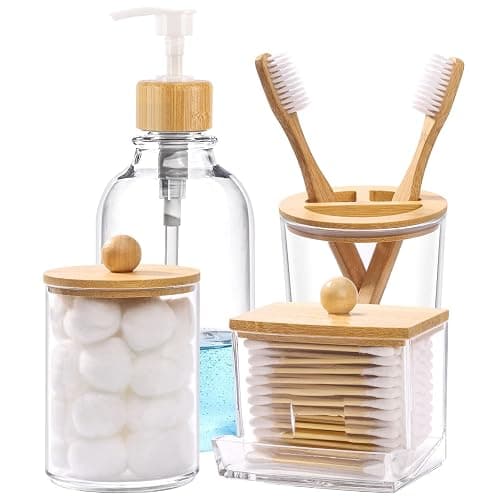 Bamboo Bathroom Accessories Set 4 Pcs - Clear Toothbrush Holder Plastic Soap Dispenser and 2 Qtip Holder Cotton Swab/Pad/Ball Container Jar thumbnail 8