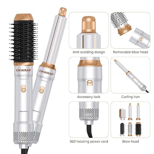 6 in 1 Blow Dryer Brush, Curling Wand Hair Air Styling Tools Set, Ionic with Massage Hot Air, Round Thermal Straightener,Left&Right Curling Wand thumbnail 8