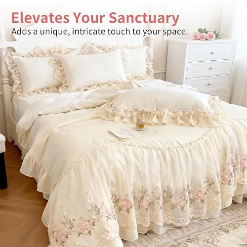 T-stage French Chic Bedding Set 4-Piece - Romantic Lace Trim Washed Cotton, Duvet Cover with Bed Skirt & Pillowcases for Queen Bed, Princess Style (Comforter Not Included) (Milky White,Full) thumbnail 4