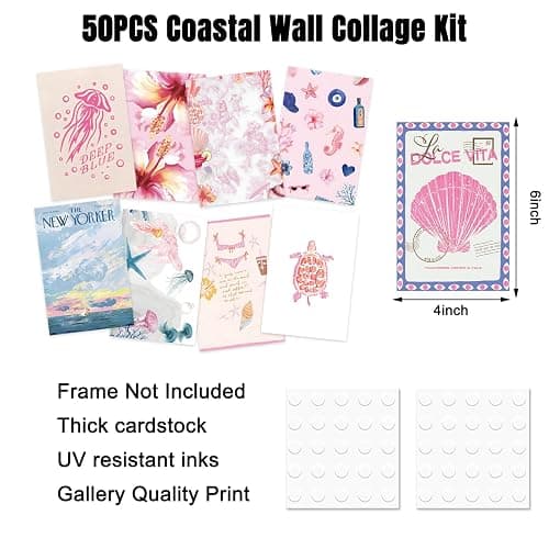 FYSUIMU 50Pcs Coastal Wall Collage Kit Pink Blue Coastal Beach Seashell Art Print Preppy Room Decor Aesthetic Pictures for Bedroom Wall Dorm Home Decor, 4 x 6 Inch thumbnail 2