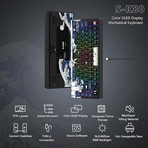 Womier S-K80 75% Keyboard with Color Multimedia Display Mechanical Gaming Keyboard, Wired Hot Swappable Gasket Mount RGB Custom Key Board, Pre-lubed Stabilizer for Mac/Win, Black Kanagawa thumbnail 6
