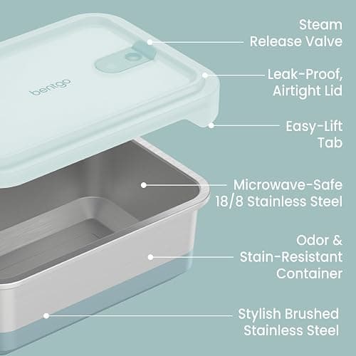 Bentgo MicroSteel Heat & Eat Container – Microwave-Safe, Leak-Proof & Airtight, Easy-to-Clean Lightweight Stainless Steel Reusable Food Storage with Silicone Lid (Family Size; 8.5-Cup Capacity; Aqua) thumbnail 7