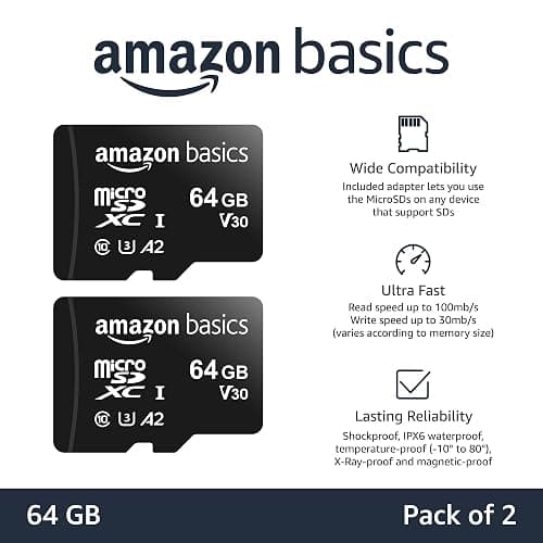 Amazon Basics MicroSDXC UHS-I Class 10 Memory Card with Full Size Adapter, A2, U3, V30, 4K, Read Speed up to 100 MB/s, 64 GB (2pack), for GoPro Cameras Storage, Black thumbnail 2