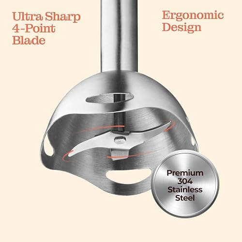 Powerful Immersion Blender, Electric Hand Blender 500 Watt with Turbo Mode, Detachable Base. Handheld Kitchen Gadget Blender Stick for Soup, Smoothie, Puree, Baby Food, 304 Stainless Steel Blades thumbnail 8