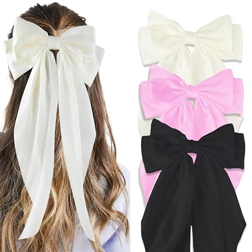 Canitor Hair Bows for Women Silky Satin Hair Ribbon Hair Barrettes Clip Oversized Long Tail Pink Hair Bows Cute Aesthetic Coquette Hair Accessories Preppy Teen Girl Gifts Trendy Stuff Things - Image 1