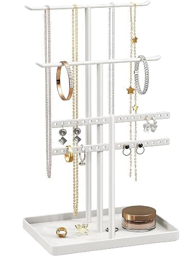 pickpiff Jewelry Stand Organizer, 14.5" Tall Sturdy Metal, 3-TierJewelry Holder for Necklace, Earring, Bracelet, Ring, Hanger for Display and Storage, Aesthetic Room Decor, White - Image 1