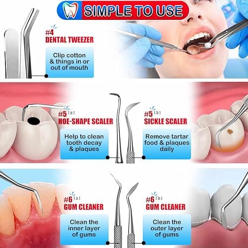 G.CATACC Dental Tools, Dental Pick Teeth Cleaning Tools Hygiene Kit, Plaque Remover for Teeth, Professional Stainless Steel Tooth Scraper Plaque Tartar Cleaner - with Case thumbnail 6