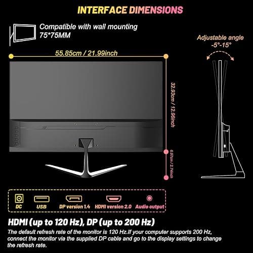24.5 Inch Gaming Monitor 200Hz, FHD 1080p, 1ms, DP/HDMI, Eye Care, Wall Mount Compatible thumbnail 7