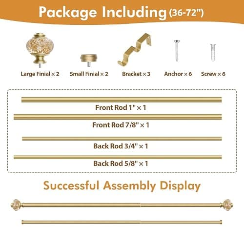 1 Inch Gold Double Curtain Rods 36 to 72 Inches (3 to 6 ft), USFOOK Drapery Rods for Windows, Telescoping Dual Curtain Rod with Luxury Translucent Finials thumbnail 8