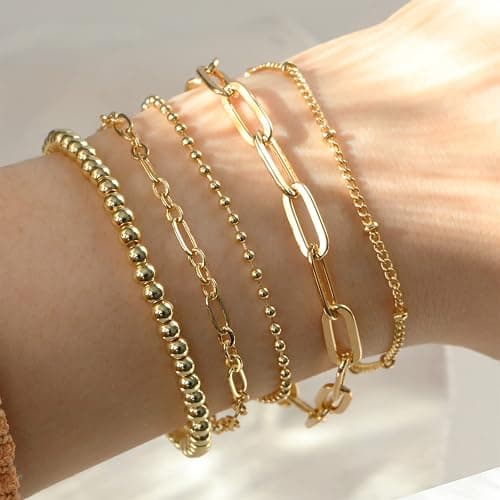 DEARMAY Waterproof Gold Plated Bracelets Set for Women Trendy, Dainty 14K Gold Jewelry Fashion Stackable Tennis Beaded Figaro Herringbone Paperclip Link Bracelet Pack Stack Gifts for Women thumbnail 2