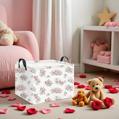 LATOGHIVE Rectangular Storage Basket Waterproof Storage Bin for Bedroom Collapsible Bin Books Box Basket Room Decor(Rose) thumbnail 2