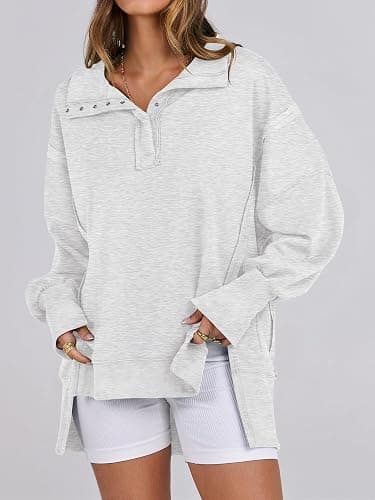 ANRABESS Women's Sweatshirts Oversized Casual Loose Button Up Henley Pullover Top High Low Split 2025 Fall Fashion Outfits thumbnail 3