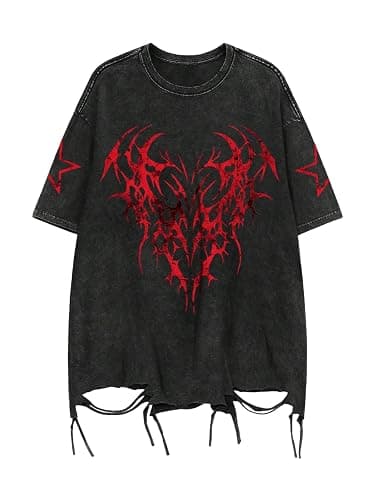 Verdusa Men Ripped Graphic Tees Short Sleeve Drop Shoulder Grunge Punk Oversized Tshirts Emo Scene Clothes Streetwear - Image 1