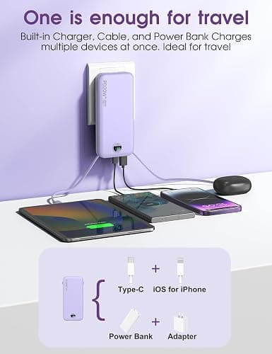 citicr Portable Charger 10000mAh PD20W w/Built-in Cables & Wall Plug Purple | Fast charging, Built-in wall plug, LED display, Charge 5 devices at once, Pass through charging, TSA approved, Pocket size thumbnail 4