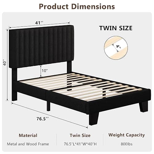 Feonase Twin Bed Frames with Upholstered Headboard, Linen Platform Bed Frame with Wooden & Metal Slats Support, Storage Space Under Bed, No Box Spring Needed, Easy Assembly, Black thumbnail 2
