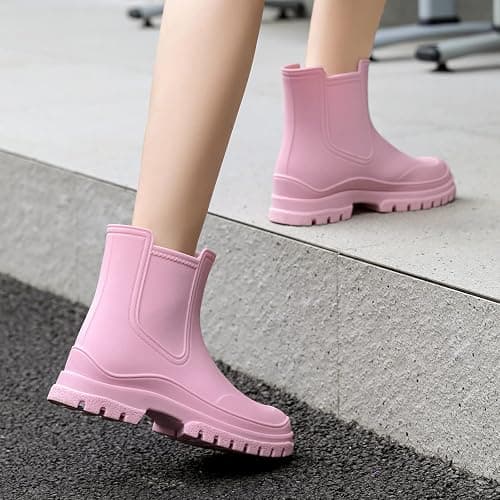 Women's Rain Boots, Comfortable Elastic Adult Ankle Booties, Fashion Mid Heel Chelsea Boots, Waterproof Non-Slip Chunky Platform Lug Sole Short Garden Boots thumbnail 3