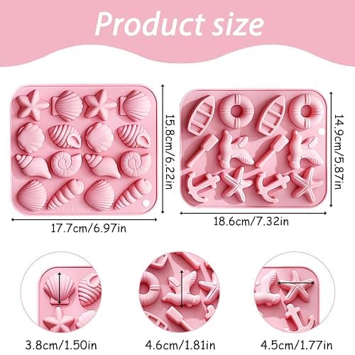 Seashell and Nautical Silicone Mold Set, 2 Pack Pink Ice Cube Trays with Starfish Anchor Shell Designs thumbnail 3