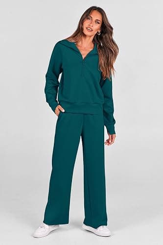 PRETTYGARDEN Women's 2 Piece Outfits Casual Lapel Half Zip Sweatshirts and Wide Leg Pants Tracksuit Sets thumbnail 6