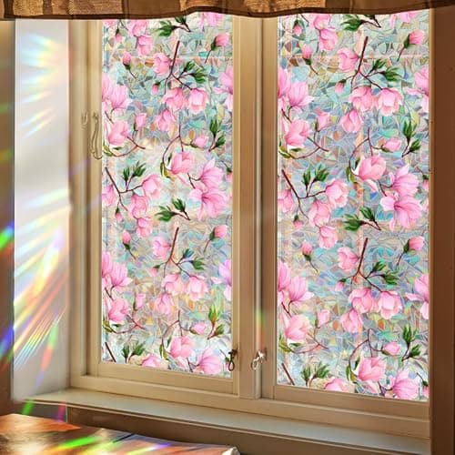 Fenster-Sichtschutzfolie, Regenbogen-Magnolien-Blume, Sonnenblockierung, 3D-Dekor, PVC, Buntglas-Fensteraufkleber, nicht klebend, statisch haftend für Zuhause, Büro, 42 x 100 cm thumbnail 2
