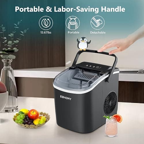 EUHOMY Countertop Ice Maker Machine with Handle, 26lbs in 24Hrs, 9 Ice Cubes Ready in 6 Mins, Auto-Cleaning Portable Ice Maker with Basket and Scoop, for Home/Kitchen/Camping/RV. (Black) - ICE MACHINE - 11.57"D x 11.42"W x 8.74"H - Black thumbnail 4