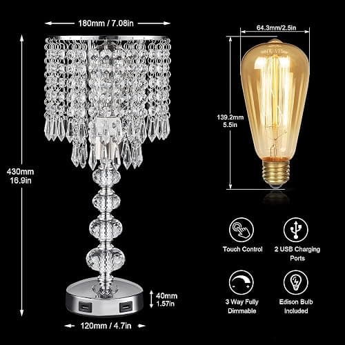 Acaxin Crystal Table Lamps for Bedroom Nightstand - Touch Bedside Lamps with Two USB Charging Ports Silver, 3 Way Dimmable Small Glam Lamp for Girls, Night Stand Lamp for Living Room thumbnail 3