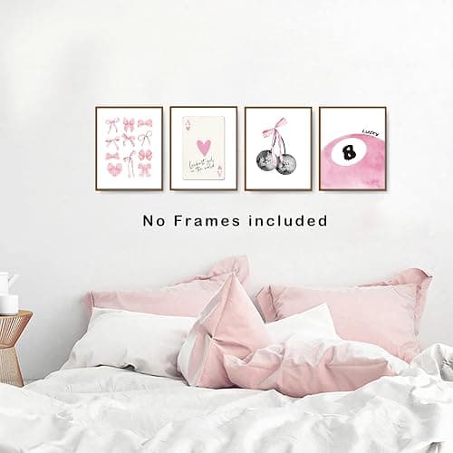 okaxscm Pink Coquette Trendy Preppy Wall Art Prints Set of 4, Coquette Room Decor, Preppy Room Decor Aesthetic, Pink Bow Disco 8 Ball Cherry Wall Decor Posters for Girls Bedroom Dorm, 8x10 Unframed thumbnail 4