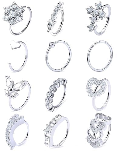 Vsnnsns 20G Nose Rings Hoops for Women 316L Stainless Surgical Steel Heart Butterfly Flower Cross Cubic Zirconia Nose Rings Hoops Piercing Jewelry for Women Men 20 Gauge Silver Black Rose Gold 8MM - Image 1