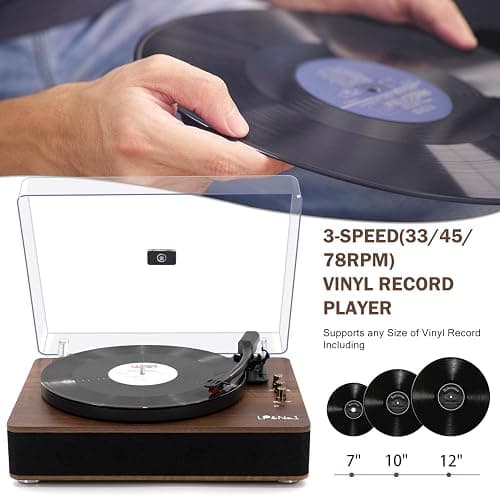 LP&No.1 Record Player with Stereo Speakers, 3-Speed Belt-Drive Turntable for Vinyl Records with Wireless Playback and Auto-Stop,Walnut Wood thumbnail 4