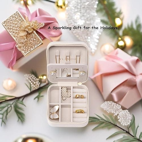 Vlando Small Travel Jewelry Box Organizer - Mirrored Carry-on Jewelries Necklaces Rings Earrings Necklace Storage Case, Beige thumbnail 6