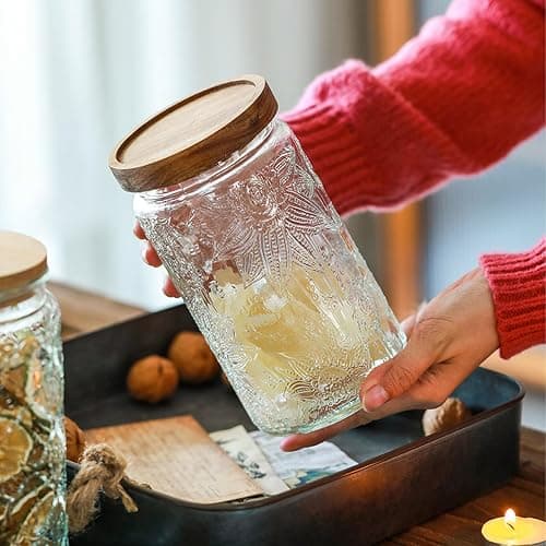 34 OZ/2 PCS Glass Storage Jar with Airtight Bamboo Wooden Lids, Vintage Food Containers Canisters Sets for Kitchen Counter Pantry, Sugar, Flour, Candy, Tea, Coffee Beans, Oats, Grain Bin, Pasta, thumbnail 5