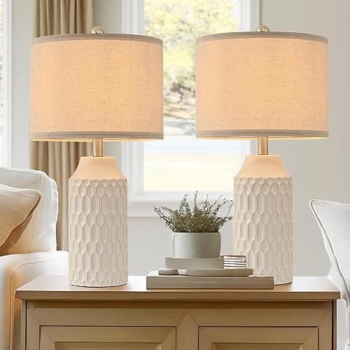 22IN Modern Ceramic Table Lamp Set of 2 White Lamps for Living Room Tall Bedroom Lamp Set Bedside Nightstand Lamps Set of Two Farmhouse Rustic Side Table Lamps for End Table Beige Desk Lamps - Image 1