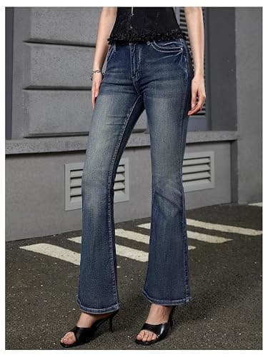 WDIRARA Women's Goth Punk Rhinestone Embroidered Flare Jeans Bootcut Denim Pants thumbnail 2